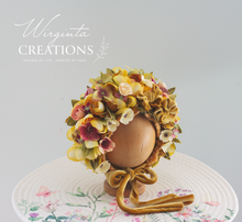 Load image into Gallery viewer, Flower Bonnet for Newborns (0-3 Months) - Photography Headpiece - Mustard Colour - Photo Prop