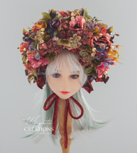 Load image into Gallery viewer, Flower Bonnet for 12-24 Months Old - Muted Colours - Handmade - Artificial Flower Headpiece - Photo Prop