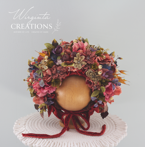 Flower Bonnet for 12-24 Months Old - Muted Colours - Handmade - Artificial Flower Headpiece - Photo Prop