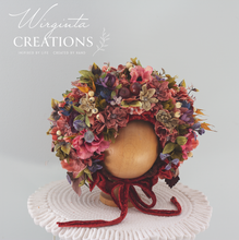 Load image into Gallery viewer, Flower Bonnet for 12-24 Months Old - Muted Colours - Handmade - Artificial Flower Headpiece - Photo Prop