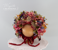 Load image into Gallery viewer, Flower Bonnet for 12-24 Months Old - Muted Colours - Handmade - Artificial Flower Headpiece - Photo Prop