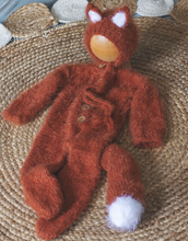 Load image into Gallery viewer, Handmade Fox-Themed Newborn Photography Outfit - Burnt Orange Knitted Romper with Tail and Hat - Woodlands-Inspired Photo Prop Set