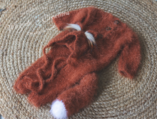 Load image into Gallery viewer, Handmade Fox-Themed Newborn Photography Outfit - Burnt Orange Knitted Footless Romper with Tail and Hat - Woodlands-Inspired Photo Prop Set