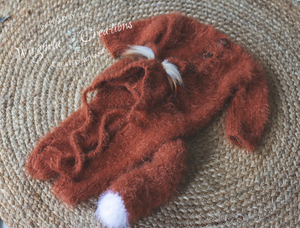 Handmade Fox-Themed Newborn Photography Outfit - Burnt Orange Knitted Footless Romper with Tail and Hat - Woodlands-Inspired Photo Prop Set