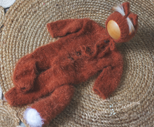 Load image into Gallery viewer, Handmade Fox-Themed Newborn Photography Outfit - Burnt Orange Knitted Footless Romper with Tail and Hat - Woodlands-Inspired Photo Prop Set