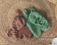 Load image into Gallery viewer, Handknitted Newborn Dungarees and Bonnet Sets - Brown or Green - Knit Romper - Photography Prop - Newborn Outfit