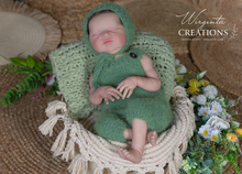 Load image into Gallery viewer, Handknitted Newborn Dungarees and Bonnet Sets - Brown or Green - Knit Romper - Photography Prop - Newborn Outfit