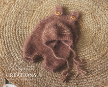 Load image into Gallery viewer, Handknitted Newborn Dungarees and Bonnet Sets - Brown or Green - Knit Romper - Photography Prop - Newborn Outfit