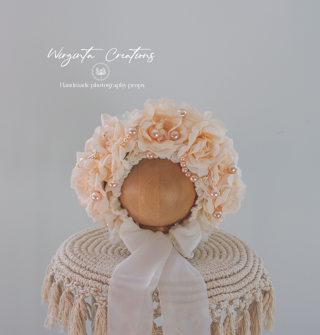 Pale Peach Flower Bonnet for 6-24 Months Old | Photography Prop | Artificial Flower Headpiece