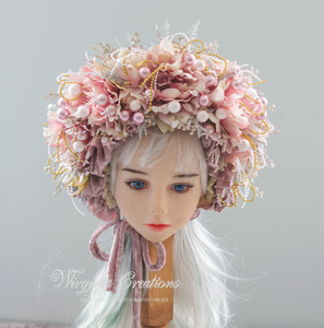Flower Bonnet for 9–24 Months Olds | Handmade Headpiece | Bonnet's Colours: Dusty Mauve, Pink, Gold, White | Photography Prop