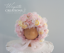 Load image into Gallery viewer, Pale Pink flower bonnet for 12-24 months old, Photography prop, artificial flower headpiece