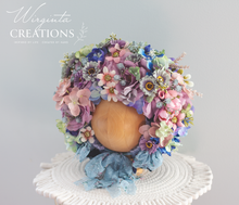 Load image into Gallery viewer, Flower Bonnet for 12-24 Months - Pastel, Colourful - Handmade - Artificial Flower Headpiece - Photo Prop