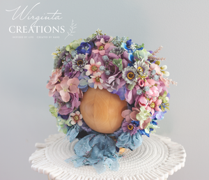 Flower Bonnet for 12-24 Months - Pastel, Colourful - Handmade - Artificial Flower Headpiece - Photo Prop