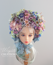 Load image into Gallery viewer, Flower Bonnet for 12-24 Months - Pastel, Colourful - Handmade - Artificial Flower Headpiece - Photo Prop