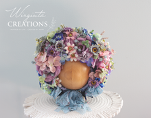 Load image into Gallery viewer, Pastel colour flower bonnet for 12-24 months old, photography prop, artificial flower headpiece