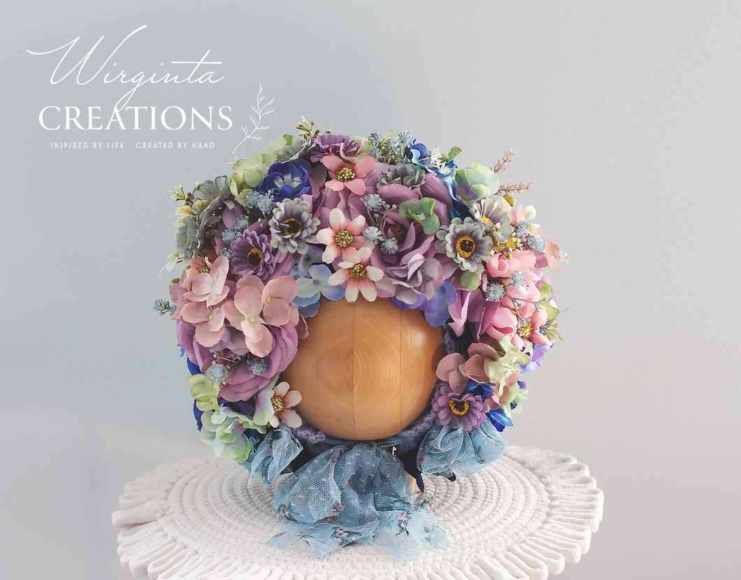 Pastel colour flower bonnet for 12-24 months old, photography prop, artificial flower headpiece