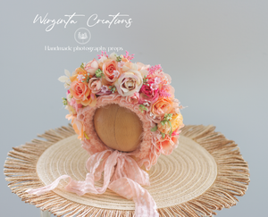 Peach, Pink Flower Bonnet for Newborns (0-3 Months) - Photography Headpiece