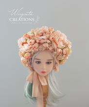 Load image into Gallery viewer, Flower Bonnet for 12-24 Months - Peach Colour - Handmade - Artificial Flower Headpiece - Photo Prop