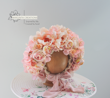 Load image into Gallery viewer, Flower Bonnet for 6-18 Months - Peach Colour - Handmade - Artificial Flower Headpiece - Photo Prop