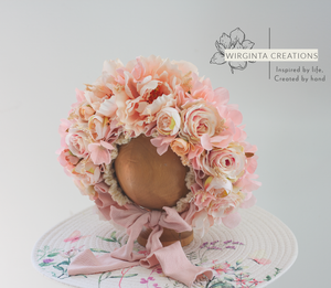 Flower Bonnet for 6-18 Months - Peach Colour - Handmade - Artificial Flower Headpiece - Photo Prop