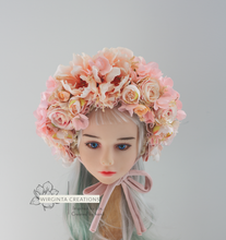 Load image into Gallery viewer, Flower Bonnet for 6-18 Months - Peach Colour - Handmade - Artificial Flower Headpiece - Photo Prop