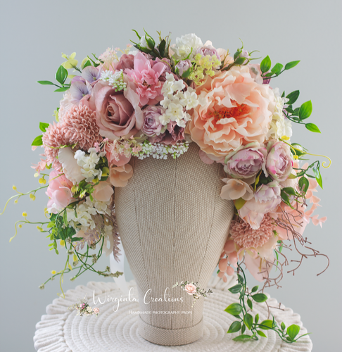 Peach, White, Pink artificial flower headpiece, photography prop for maternity or themed photoshoots. Cascading style headband. Wirginta Creations - the creator