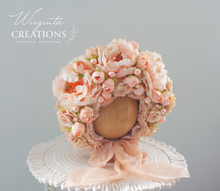 Load image into Gallery viewer, Flower Bonnet for 12-24 Months - Peach Colour - Handmade - Artificial Flower Headpiece - Photo Prop