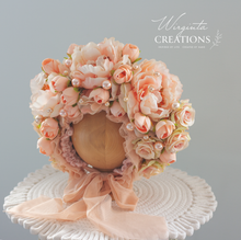 Load image into Gallery viewer, Flower Bonnet for 12-24 Months - Peach Colour - Handmade - Artificial Flower Headpiece - Photo Prop