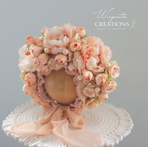 Flower Bonnet for 12-24 Months - Peach Colour - Handmade - Artificial Flower Headpiece - Photo Prop