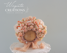 Load image into Gallery viewer, Flower Bonnet for 12-24 Months - Peach Colour - Handmade - Artificial Flower Headpiece - Photo Prop