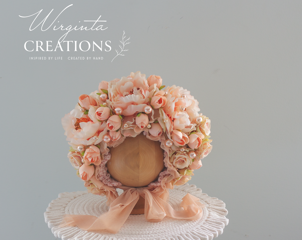 Flower Bonnet for 12-24 Months - Peach Colour - Handmade - Artificial Flower Headpiece - Photo Prop