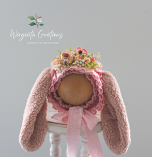 Load image into Gallery viewer, Pink Bunny Bonnet for 12-24 months old, photo prop, Decorated with flowers, Photography headpiece, Floppy Ears