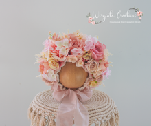 Load image into Gallery viewer, Pink, Cream Flower Bonnet for 12-24 Months Old | Photography Prop | Artificial Flower Headpiece
