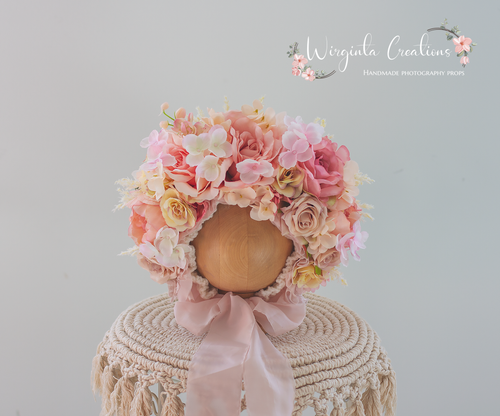 Pink, Cream Flower Bonnet for 12-24 Months Old | Photography Prop | Artificial Flower Headpiece