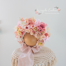 Load image into Gallery viewer, Pink, Cream Flower Bonnet for 12-24 Months Old | Photography Prop | Artificial Flower Headpiece