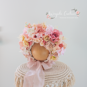 Pink, Cream Flower Bonnet for 12-24 Months Old | Photography Prop | Artificial Flower Headpiece