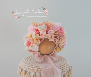 Pink, Cream Flower Bonnet for 12-24 Months Old | Photography Prop | Artificial Flower Headpiece