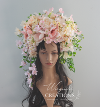 Load image into Gallery viewer, Large Flower Headpiece - Cascading Style Photography Crown - Colours: Pink, Cream - Maternity - Luxury Flower Headband for Adults