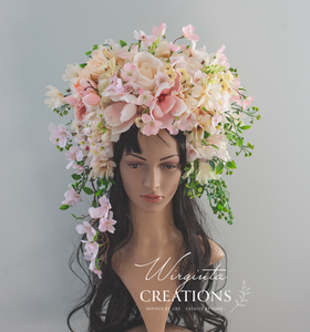 Large Flower Headpiece - Cascading Style Photography Crown - Colours: Pink, Cream - Maternity - Luxury Flower Headband for Adults