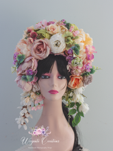 Load image into Gallery viewer, Large Flower Headpiece - Cascading Style Photography Crown - Pink, Dusty Pink, White, Peach - Maternity Photoshoot - Luxury Flower Headband