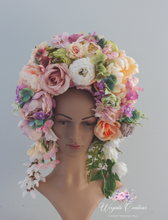 Load image into Gallery viewer, Large Flower Headpiece - Cascading Style Photography Crown - Pink, Dusty Pink, White, Peach - Maternity Photoshoot - Luxury Flower Headband