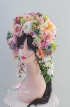 Load image into Gallery viewer, Large Flower Headpiece - Cascading Style Photography Crown - Pink, Dusty Pink, White, Peach - Maternity Photoshoot - Luxury Flower Headband
