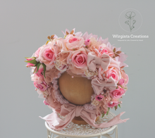 Load image into Gallery viewer, Flower Bonnet for 12-24 Months - Pink Colour - Handmade - Artificial Flower Headpiece - Photo Prop