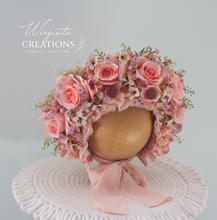 Load image into Gallery viewer, Flower Bonnet for 6-24 Months Old - Pink Colour - Handmade - Artificial Flower Headpiece - Photo Prop