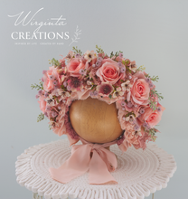 Load image into Gallery viewer, Flower Bonnet for 6-24 Months Old - Pink Colour - Handmade - Artificial Flower Headpiece - Photo Prop