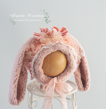 Load image into Gallery viewer, Handmade Pastel Pink Tattered Bunny Bonnet - Photography Prop for 6–24 Months - Easter