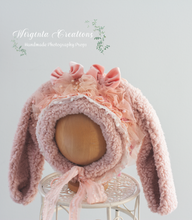 Load image into Gallery viewer, Handmade Pastel Pink Tattered Bunny Bonnet - Photography Prop for 6–24 Months - Easter