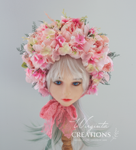 Load image into Gallery viewer, Flower Bonnet for 12-24 Months Old - Pink Colour - Handmade - Artificial Peonies and Hydrangea Headpiece - Photo Prop