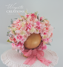 Load image into Gallery viewer, Flower Bonnet for 12-24 Months Old - Pink Colour - Handmade - Artificial Peonies and Hydrangea Headpiece - Photo Prop