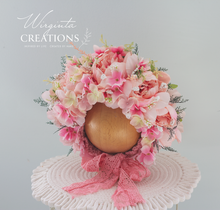 Load image into Gallery viewer, Flower Bonnet for 12-24 Months Old - Pink Colour - Handmade - Artificial Peonies and Hydrangea Headpiece - Photo Prop